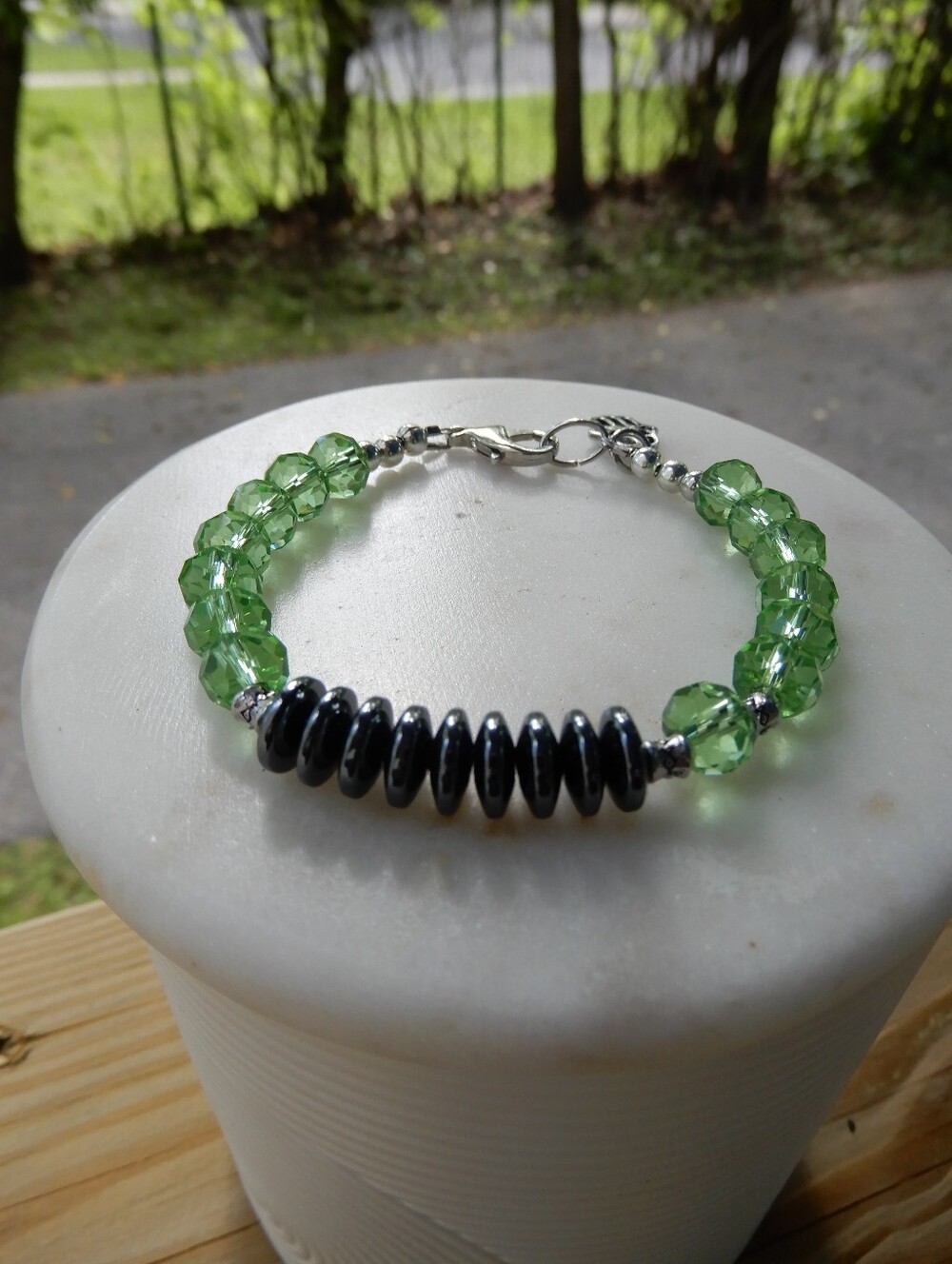 Green Crystal and Black Hematite Beaded Bracelet